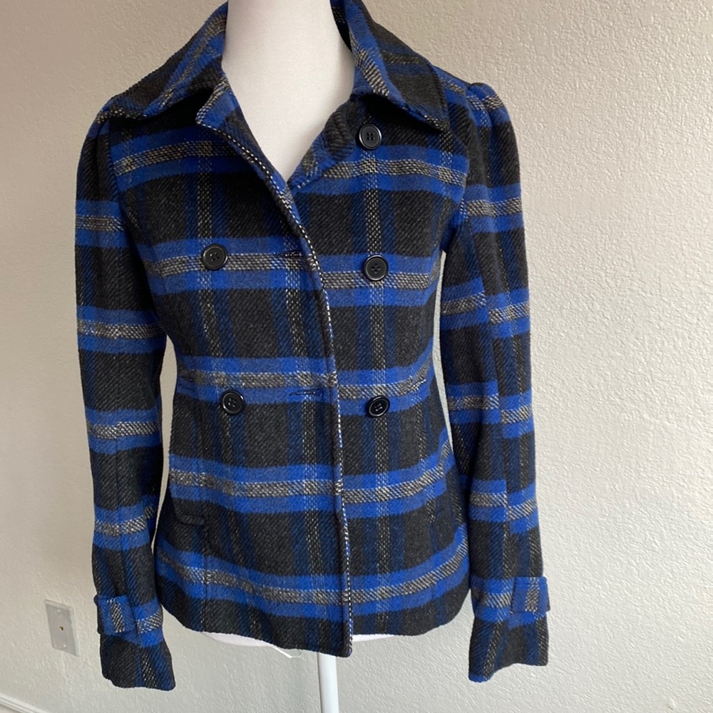 NWT Sound&Matter Wool Blend Plaid Blue Black Double Breasted Jacket Size XS